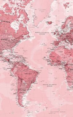 the world map is shown in pink and has many different countries, but it's not