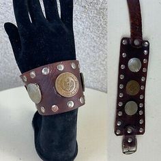 Vintage boho hippie brown Buckle leather cuff bracelet Spanish coins | eBay Hippie Brown Leather Festival Bracelet, Vintage Leather Bracelet With Concho, Brown Bohemian Leather Bracelet With Concho, Vintage Hand-tooled Leather Cuff Bracelet, Brown Cuff Leather Bracelet, Vintage Concho Leather Bracelet For Festival, Vintage Adjustable Leather Bracelet With Concho, Vintage Leather Concho Bracelet For Festival, Adjustable Concho Cuff Bracelet For Festival