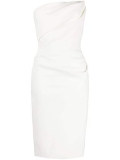 ivory white stretch-silk draped design bandeau style rear zip fastening central rear vent mid-length White Knee-length Strapless Formal Dress, Elegant Strapless Dress With Ruched Bodice And Asymmetrical Neckline, White Dress With Ruched Bodice And Straight Neckline, White Dresses With Ruched Bodice And Straight Neckline, White Midi Dress With Pleated Bodice For Cocktail, White Strapless Knee-length Evening Dress, Elegant Draped Ruched Strapless Dress, White Midi Dress With Ruched Bodice And Straight Neckline, Fitted White Dresses With Folds