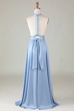 the back of a blue dress with a bow on it's waist and neckline