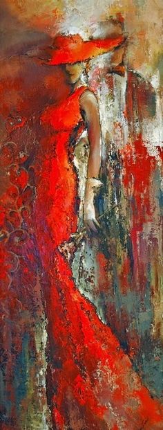 an abstract painting of a woman in red dress