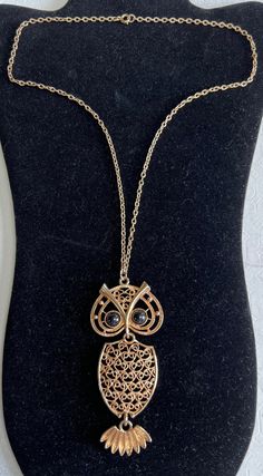 Owl is approximately 4 inches on a 24 inch chain.  Pendant has 3 sections and stamped Coventry on back.  Really fun retro necklace.  d* Retro Metal Necklaces With Adjustable Chain, Retro Metal Necklace With Adjustable Chain, Costume Jewelry Metal Long Necklace For Gift, Gold Metal Pendant Long Necklace, Gold Long Metal Charm Necklace, Vintage Metal Long Necklace As Gift, Gold Metal Long Charm Necklace, Retro Gold Necklace As A Gift, Retro Gold Necklace Gift