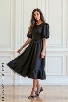 Olivia Mark - Elegant Black Midi Dress with Puffed Sleeves and Ruffled Hemline Black Dress Elegant, Dress With Puffed Sleeves, Flowing Skirt, Black Midi, Puffed Sleeves, Black Midi Dress, Fitted Bodice, Olivia Mark, Puff Sleeves