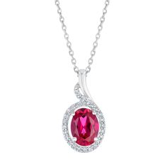 Crafted from sterling silver, this created gemstone pendant adds a chic pop of color to any outfit. An oval cut created ruby takes center stage with accenting created white sapphires adding a sophisticated design element to the piece. The pendant measures 12mm in length and 9mm in width and hangs from an 18inch cable chain. Silver Necklace With Lab-created Ruby Gemstone, Silver Necklace With Gemstone And Lab-created Ruby, White Gold Necklace With Lab-created Ruby Gemstone, Elegant Silver Necklace With Lab-created Ruby, Elegant Necklace With Diamond Accents And Lab-created Ruby, Jewelry Education, Sterling Silver Necklace Pendants, Sophisticated Design, Center Stage