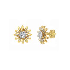 Let your sense of style bloom with this gorgeous pair of 18k gold over silver diamond daisy stud earrings. Let your sense of style bloom with this gorgeous pair of 18k gold over silver diamond daisy stud earrings.Click on this JEWELRY & WATCHES GUIDE to learn about fit, styles, materials and more! Length: 9 mm Backings: post Metal: sterling silver Plating: 18k gold Finish: polished Packaging: boxedDIAMOND DETAILS Total weight: 1/8 ct. Shape: round Setting: prong Diamond weights are approximate. Diamond total weights may vary between .01 and .08 ct. Some diamonds have fewer than 17 facets. Gemstones may have been treated to enhance their appearance. Special care may be required. Please visit our Gemstone Treatment & Special Care Guide for more information. Image(s) may be enlarged to show d Flower Shaped Diamond Earrings In Yellow Gold, Diamond Flower Yellow Gold Earrings, Yellow Gold Flower Diamond Earrings With Brilliant Cut, Flower Shaped Diamond Earrings In Fine Jewelry Style, Fine Jewelry Yellow Gold Flower Earrings With Diamond Accents, Fine Jewelry Flower-shaped Earrings With Single Cut Diamonds, Fine Jewelry Flower-shaped Diamond Earrings, Yellow Gold Flower Earrings With Brilliant Cut, Classic Yellow Gold Flower-shaped Cluster Earrings