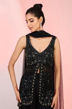 Black padded kurta featuring cutdana, sequin, bead hand embroidery all over. Paired with a sharara and a dupatta. - Aza Fashions Kurta Sharara Set, Kurta Sharara, Women Kurta, Beaded Neckline, Sharara Set, Set Women, Aza Fashion, Hand Embroidered, Hand Embroidery