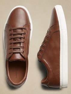 Vegan Leather Sneakers | Banana Republic Factory Mens Business Casual Shoes, Sneakers Outfit Men, Brown Leather Sneakers, Business Casual Shoes, Casual Leather Shoes, Casual Dress Shoes, Mens Shoes Casual Sneakers, Brown Sneakers, Banana Republic Factory