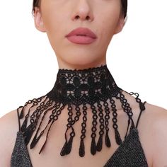 Long Fringe black lace choker   One size, adjustable (12 " / 6 ")  Fastens with satin ribbons on the back.  Find more accessories here in my shop : https://www.etsy.com/shop/HouseOfTooFan Please note that due to lighting effects, monitor's brightness, contrast and other settings, there might be some slight differences in the color tone/shade of the website's photo and the actual item. Item photos are enlarged to show details- please note actual sizes. All my items are handcrafted, that's why siz Gothic Black Costume Accessories As Gift, Adjustable Gothic Choker For Costume Party, Adjustable Gothic Choker For Cosplay, Adjustable Fringe Choker, Gothic Choker For Party, Adjustable Black Choker For Party, Gothic Black Choker For Costume, Black Punk Choker For Cosplay, Gothic Party Choker