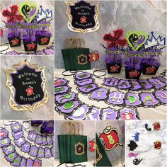 a collage of photos showing different items for a birthday party, including bags and decorations