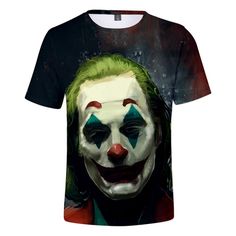 100% Polyester, Anti-Shrink, Printed Joker T-Shirt, Same Design On Back Green Pop Culture T-shirt With Character Print, Casual Green T-shirt With Character Print, Black T-shirt With Pop Culture Sublimation Print, Black Casual Sublimation T-shirt With Character Print, Casual Black Sublimation T-shirt With Character Print, Halloween Graphic Design Short Sleeve T-shirt, Halloween Multicolor Top With Sublimation Print, Multicolor Halloween Top With Sublimation Print, Multicolor Sublimation Print Top For Halloween