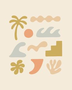 various shapes and sizes of palm trees on a beige background with the words, beach