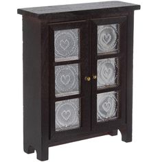 a wooden cabinet with glass doors and hearts on it