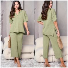 Effortless Chic Style !! Add Some Boho Casual Chic Style To Your Warbrobe ! Very J Chic 2-Piece Top And Pants Set. Made Of Quality Knitted Material In A Warm Olive Green Color. Top Is Short Sleeves With Wooden Button Detail. Top Is Longer Length And Relaxed Fitting With Rolled Up Hem. Pants Are Elasticized. On Trend Straight Leg. Pants Have A Cropped Length To Show Off Shoes. Pair With Sandals, Wedges, Platforms, Heels, Tennis, Booties Or Cowboy Boots. Perfect For This Coming Season. Wear Togeth Casual V-neck Pant Set For Spring, Casual Spring Loungewear Pant Set, Solid Color Two-piece V-neck Set, Casual Knit Sets For Spring, Casual Spring Knit Sets, Spring Casual Knit Sets, Chic Two-piece Pant Set For Loungewear, Solid Color Pant Set For Fall Loungewear, Solid Color Pant Set For Spring Loungewear