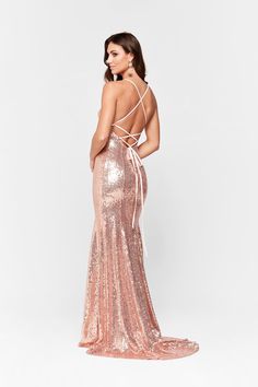 A&N Esmee - Rose Gold Sequin Gown with Lace Up Back and Square Neck Gala Sequin Dress With Corset Back For Prom Season, Sequin Dress With Corset Back For Prom Gala, Glamorous Sequin Dress With Corset Back For Gala, Glamorous Pink Backless Gown, Glamorous Ball Gown With Corset Back, Glamorous Backless Sequin Dress With Fitted Bodice, Glamorous Sequin Dress With Corset Back And Fitted Bodice, Sequin Dress With Strappy Back For Prom, Party Gown With Lace-up Back For Prom Season