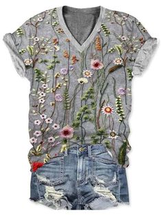 Summer Floral Embroidered V-neck T-shirt, Gray Short Sleeve Top For Vacation, Trendy Gray Summer Tops, Gray Relaxed Fit Tops For Summer, Casual V-neck T-shirt With Floral Embroidery, Bohemian Short Sleeve Tops For Spring, Summer Crew Neck Tops With Floral Embroidery, Trendy Spring Tops With Plant Print, Spring Floral Embroidered Short Sleeve Tops