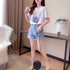 Cartoon Tee+fashion Denim Shorts P10450 Casual Short Tops For Spring, Denim Short Sleeve T-shirt For Spring, Casual Jean Shorts For Spring Day Out, Casual Denim Blue Short Sleeve T-shirt, Short Denim Tops For Spring, Casual Short Denim Tops For Spring, Casual Relaxed Fit Jean Shorts For Day Out, Trendy Denim T-shirt For Spring, Casual Short Denim Tops