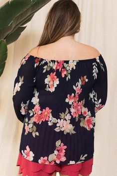 Floral printed off shoulder chiffon top featuring long sleeves and bodice lining detail. Navy. Full Length: 21 1/2" 100% Polyester Floral Print Chiffon Tops For Brunch, Off-shoulder Chiffon Blouse, Chiffon Off-shoulder Top For Spring, Fall Brunch Off-shoulder Top, Spring Chiffon Blouson Sleeve Top, Spring Chiffon Top With Blouson Sleeves, Spring Off-shoulder Printed Blouse, Spring Off-shoulder Top With Blouson Sleeves, Chic Off-shoulder Top With Blouson Sleeves For Spring