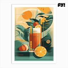 an art print with oranges and tropical leaves on it's sides, in front of a window