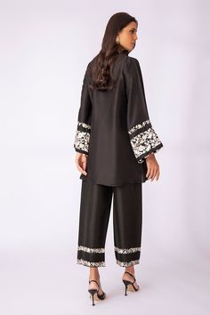 Silk Short Kurti Designs, Elegant Pant Set With Resham Embroidery, Chic Embroidered Festive Sets, Elegant Unstitched Kurta With Embroidered Sleeves, Traditional Festive Pant Set With Set-in Sleeves, Elegant Sets With Floral Embroidery In Raw Silk, Elegant Sets With Floral Embroidery On Raw Silk, Elegant Floral Embroidery Pant Set For Festive Occasions, Elegant Floral Embroidered Raw Silk Set