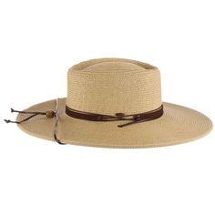 Classy gaucho style hat with flat brim, 4" wide. Sunken crown with straight sidewalls. Faux suede band with waxed cord tie accent. Faux leather chin strap. Adjustable drawstring inside crown. UPF 50+ sun protection hat. One size. 100% toyo braid Adjustable Straw Hat With Flat Crown For Rodeo, Adjustable Brown Boater Hat With Flat Crown, Adjustable Flat Crown Straw Hat For Rodeo, Adjustable Natural Color Fedora With Flat Crown, Natural Fedora With Adjustable Flat Crown, Adjustable Natural Fedora With Flat Crown, Classic Adjustable Boater Hat For Country Events, Adjustable Flat Brim Country Fedora, Adjustable Sun Hat With Curved Brim For Ranch