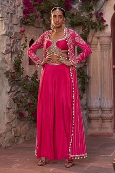 Shop for Nidhika Shekhar Pink Gulabo Utsav Embroidered Cape Sharara Set for Women Online at Aza Fashions Shell Tassels, Cape Set, Sequin Cape, Blouse Necklines, Sharara Pants, Pink Cape, Rani Pink, Royalty Aesthetic, Green Lehenga