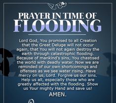 a poem written in blue and white with the words prayer in time of flooding