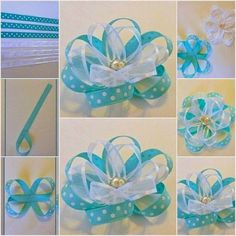 several pictures of different types of bows and hair clips, including one with a flower on it