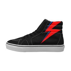 These retro high top Sk8 sneakers were made for rockin'! Channel your inner rockstar with the Bowie Thunderbolt design, perfect for standing out in any crowd. Whether you're skating or strutting, these sneakers offer both style and comfort. Make a statement and let your feet do the talking. Features: • Classic textured canvas material and and vegan suede leather • Vulcanized rubber sole • 8 seizes available (for Men's sizes pls refer to the size chart and/or contact us) Shipping from China (21+ Happy Black Friday, Shoes Model, Faux Suede Fabric, Fabric Shoes, Heel Caps, Black Friday Shopping, Clean Shoes, Oxford Fabric, Lace Up Shoes