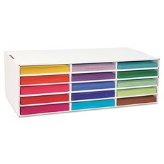 a multicolored drawer with six drawers on the bottom and two doors at the top