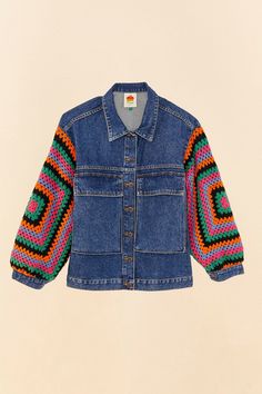 a blue jean jacket with multicolored sleeves