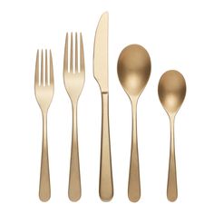 gold colored utensils and spoons on a white background