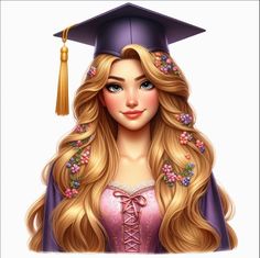 a drawing of a woman with long blonde hair wearing a purple graduation cap and gown