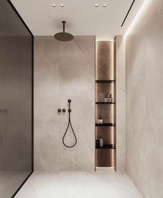 a bathroom with a walk in shower next to a shelf