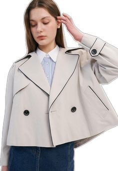 Gray Lapel Collar Outerwear For Spring, Gray Spring Outerwear For Office, Chic Gray Outerwear For Spring, Short Trench Coat, Trench Coat, Collage, Collar, Pins