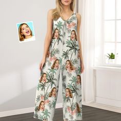 Custom Face Loose Jumpsuit With Wide Leg Vintage Hawaiian Beach Rompers Type Of Exercise, Beach Rompers, Wedding Socks, Custom Tank Tops, Custom Onesies, Loose Jumpsuit, Round Neck Design, Pet Shirts, Hawaiian Beach