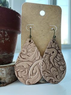 Leather stamped earrings Adjustable Stamped Dangle Earrings, Vintage Brown Earrings For Everyday, Stamp Earrings, Handmade Leather Jewelry, Stamped Earrings, Leather Stamps, Lancaster Pa, Leather Jewelry, Handmade Leather