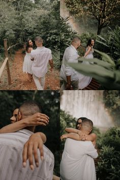 two people standing in front of a waterfall with their arms around each other and one person holding the hand of another man