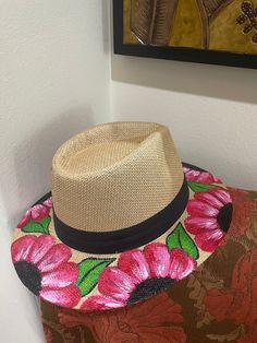 Beautiful hand painted flower hat- panama style Pink Panama Hat For Spring, Pink Bohemian Fedora For Spring, Summer Multicolor Flower Hat, Summer Multicolor Flower-shaped Hat, Multicolor Flower-shaped Summer Hat, Multicolor Flat Brim Panama Hat For Spring, Summer Flower-shaped Multicolor Hat, Adjustable Pink Panama Hat For Spring, Spring Multicolor Brimmed Panama Hat