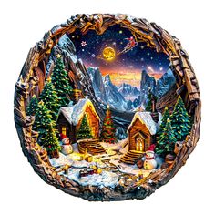 a christmas scene is shown in the center of a circular frame with trees and snow