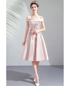 Buy Pretty Pale Pink Satin Off Shouler Knee Length Homecoming Party Dress With Embroidery at wholesale price online. Free shipping and pro custom service since 2009. Fitted Evening Dress With Floral Applique For Banquet, Embroidered Fitted A-line Evening Dress, Spring Formal Embroidered Evening Dress, Fitted Floral Applique Dress For Banquets, Spring Embroidered Fitted Evening Dress, Fitted Floral Applique Dress For Banquet, Embroidered A-line Evening Dress For Party, Spring Embroidered Evening Dress For Party, Embroidered Evening Dress For Spring Banquet