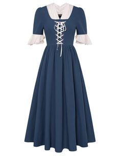 PRICES MAY VARY. Step back in time with our womens pioneer prairie dress, a perfect blend of style, history, and comfort. High-Quality Materials : 98%Cotton+2%Polyester. It is unlined. Made from pure cotton, our pioneer prairie dress ensures comfort and breathability while maintaining durability for long-lasting wear. We advise you to iron them before trying on our pioneer costume dress. Features : The pioneer dresses for adult women feature 2 pockets, V neck, one half sleeves with ruffles, invi Nancy Wheeler Dress, Blue Prairie Dress, Puritan Dress, 1800 Clothing, 1800 Dress, Pioneer Dresses, Pioneer Costume, Pilgrim Costume, Mom Dresses