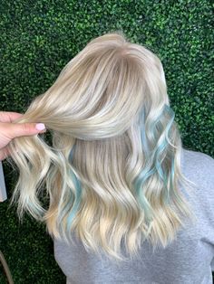 Icy Blue Peekaboo Hair, Blonde Highlights With Blue Peekaboo, Pastel Blue Peekaboo Hair, Pops Of Color In Blonde Hair, Blonde Hair Blue Peekaboo, Platinum Blonde Hair With Color Streaks, Platinum Blonde With Color Peekaboo, Blonde And Blue Peekaboo