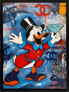 a painting of donald the duck holding a diamond in his hand and wearing a top hat