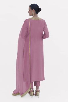 Mauve spun silk kurta with gold marori beads and sequins hand embroidery. Comes with pant and a silk organza dupatta. - Aza Fashions Elegant Unstitched Gold Suit With Mirror Work, Elegant Traditional Wear With Gota Work For Celebration, Elegant Kurta With Dori Work In Chinon, Elegant Salwar Kameez With Gota Work For Celebration, Elegant Silk Palazzo Set For Celebration, Elegant Gold Silk Thread Sets, Elegant Unstitched Suit With Silk Thread In Traditional Drape, Elegant Silk Thread Salwar Kameez For Diwali, Elegant Traditional Drape Unstitched Silk Suit