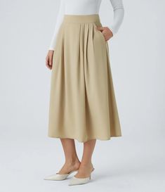 Discover Women’s High Waisted Invisible Zipper Pleated Side Pocket Flare A Line Midi Work Skirt at Halara, Crowd-Approved Affordable Choices Made For What Moves You. Boat Neck Jumpsuit, Professional Blouses, Work Skirt, Mid Calf Skirt, Work Skirts, Simple Elegance, Work Pants, Long Sleeve Bodysuit, Invisible Zipper