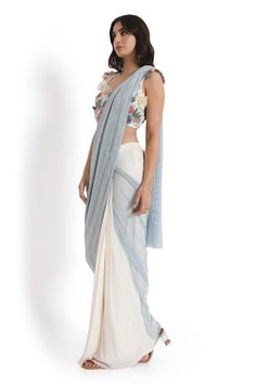 Ivory georgette and mesh pre-draped saree. Paired with a floral applique embroidered blouse with tassel details on the shoulder. - Aza Fashions White Silk Pre-draped Saree In Traditional Style, White Silk Saree With Traditional Drape, White Silk Pre-draped Saree With Traditional Drape, White Silk Pre-draped Saree, White Georgette Pre-draped Saree, Traditional Drape Pre-draped Saree In Off White, White Georgette Saree For Summer, White Saree For Evening With Traditional Drape, Elegant Pre-draped Saree With Dupatta For Summer