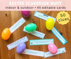 an easter egg hunt game with colorful eggs and place cards on the table next to it