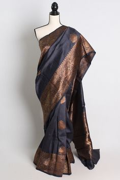 Silk Mark Certified Tussar Banarasi Saree in Charcoal Gray Shipped from USA, Bengal Looms, Indian partywear saree by BengalLooms on Etsy Gold Blouse, Banarasi Saree, Zari Work, Indian Ethnic Wear, Banarasi Sarees, Indian Sarees, Blouse Piece, Charcoal Gray, Silk Fabric