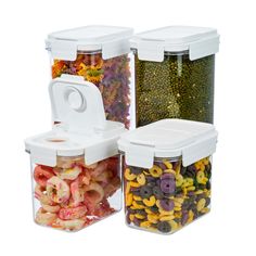 three storage containers filled with different types of food