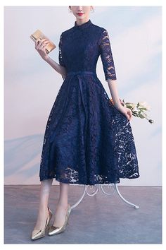 Elegant Navy Blue Lace Wedding Party Dress With Sleeves - $68.4792 #S1736 - SheProm.com Lace Dress For Banquet During Prom Season, Blue Lace Evening Dress For Banquet, Lace Dress For Prom Season Banquets, Lace Dress For Prom Season Banquet, Blue Lace Dress With Lace Sleeves For Formal Occasions, Blue Lace Bridesmaid Dress, Blue Lace Dress With Lace Sleeves For Party, Blue Fitted Lace Dress For Prom, Formal Prom Season Dress With Lace Patchwork